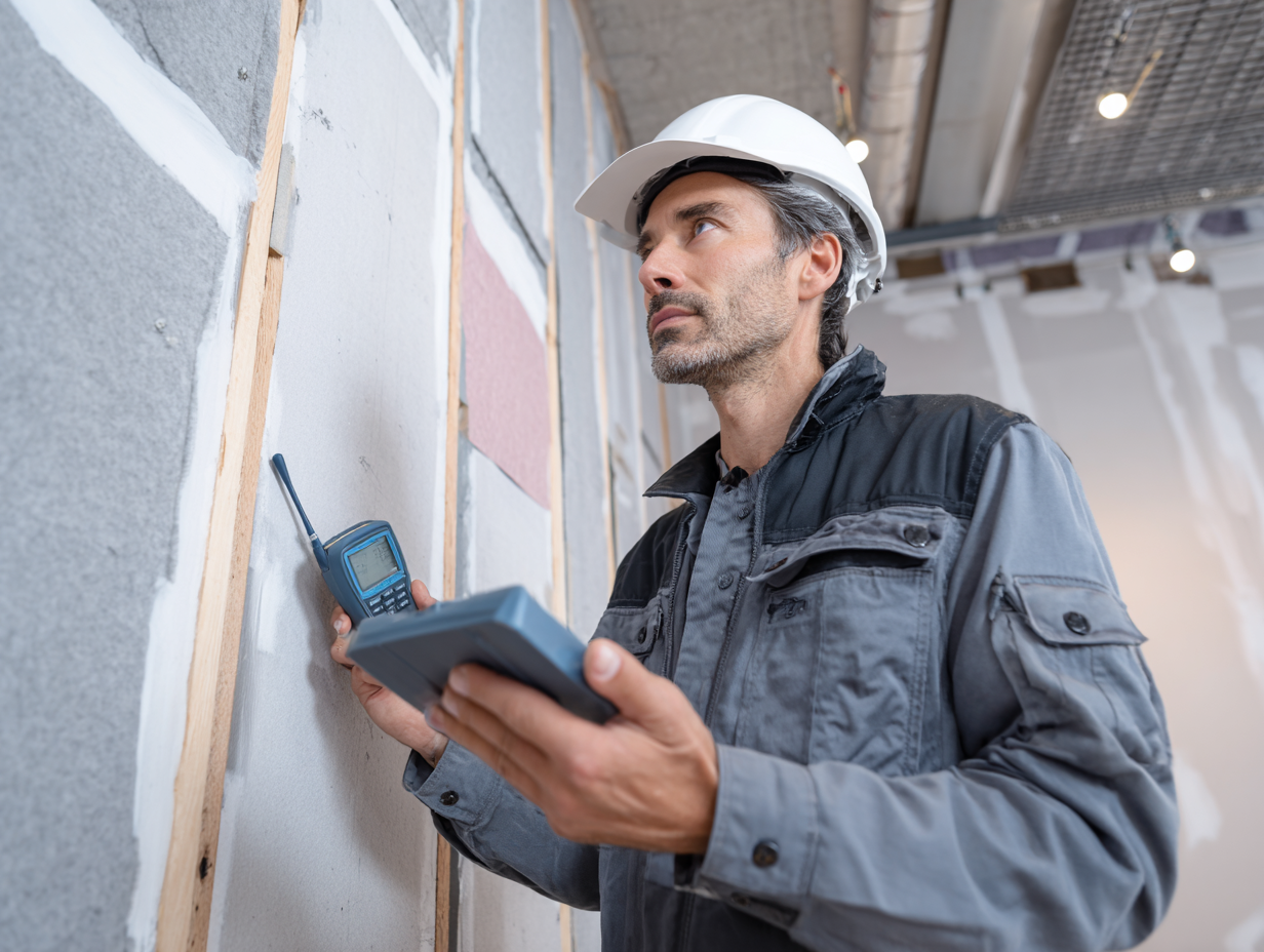 Acoustic consultant measuring soundproof wall construction with testing equipment